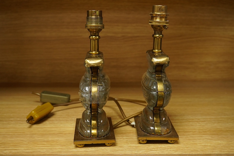 A pair of French Maison Bagues brass mounted crystal glass lamps, 22cm high overall. Condition - poor